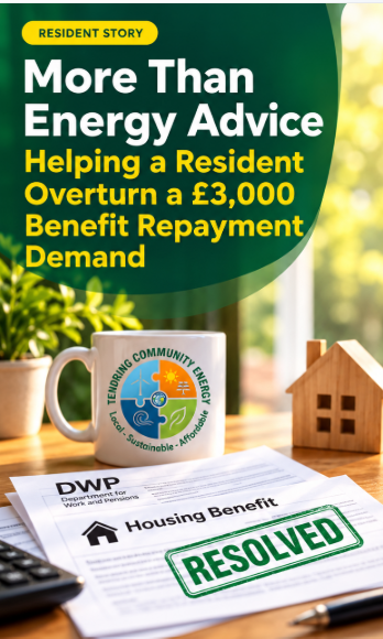 Tendring Community Energy resident story artwork showing DWP and Housing Benefit paperwork marked resolved, with the TCE logo on a mug